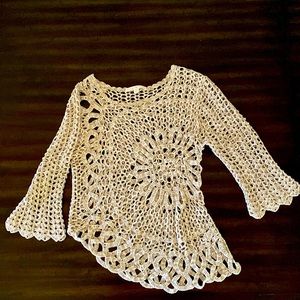 🍁BOSTON PROPER Boho Crochet Sweater Beach Cover Up Taupe Size M
